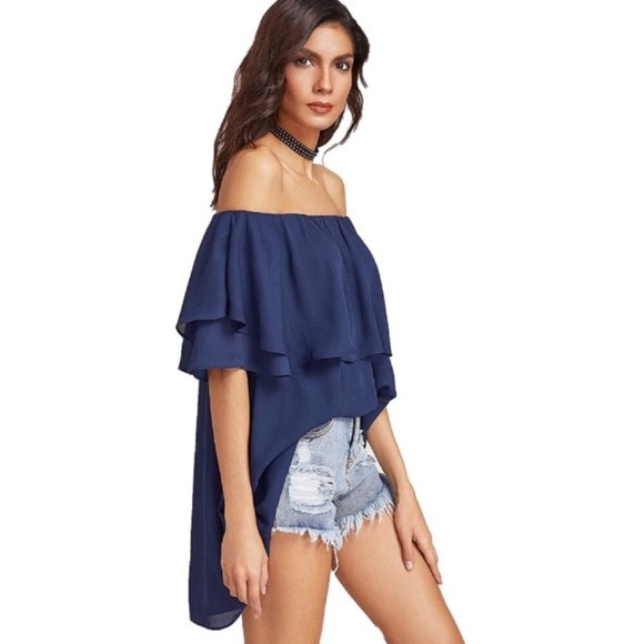 Off Shoulder Ruffled Overlay Tunic Blouse Navy - Picture 4 of 7